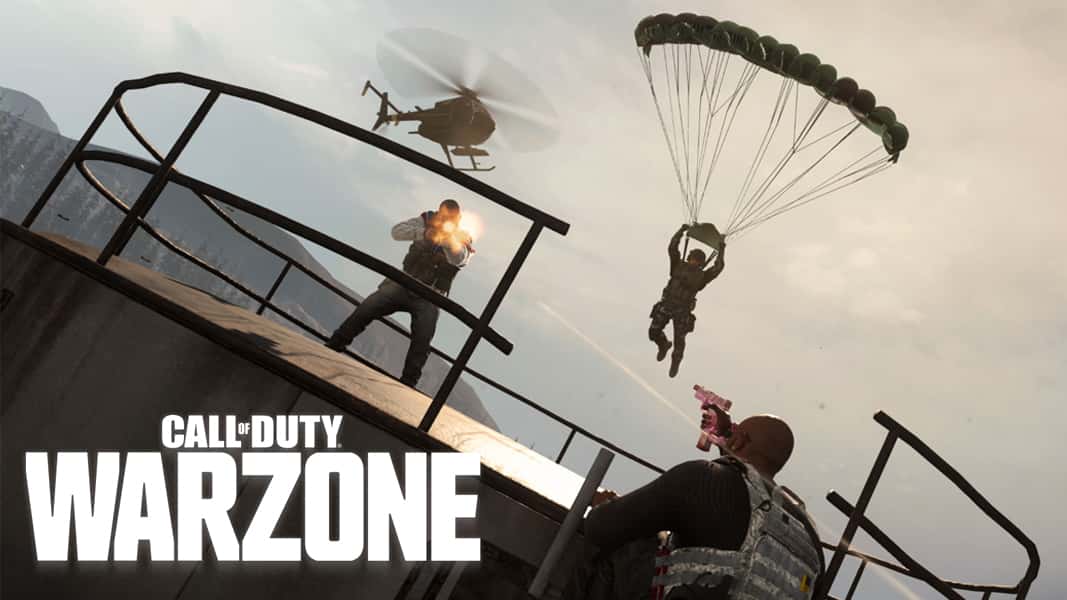 Warzone gunfight with player parachuting in