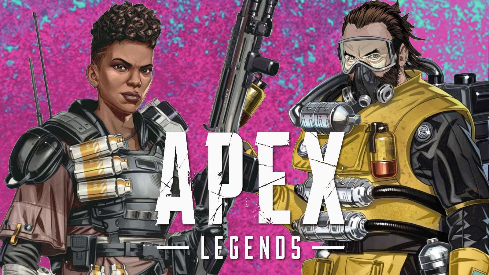 Bangalore and Caustic in Apex Legends pink background