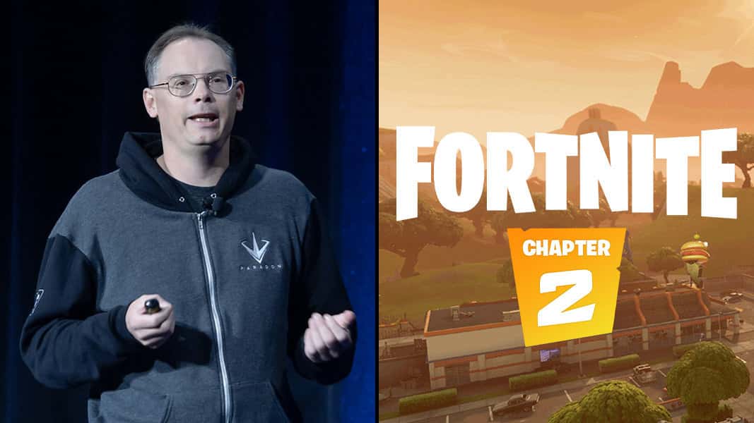 Epic Games CEO Tim Sweeney and Fortnite logo