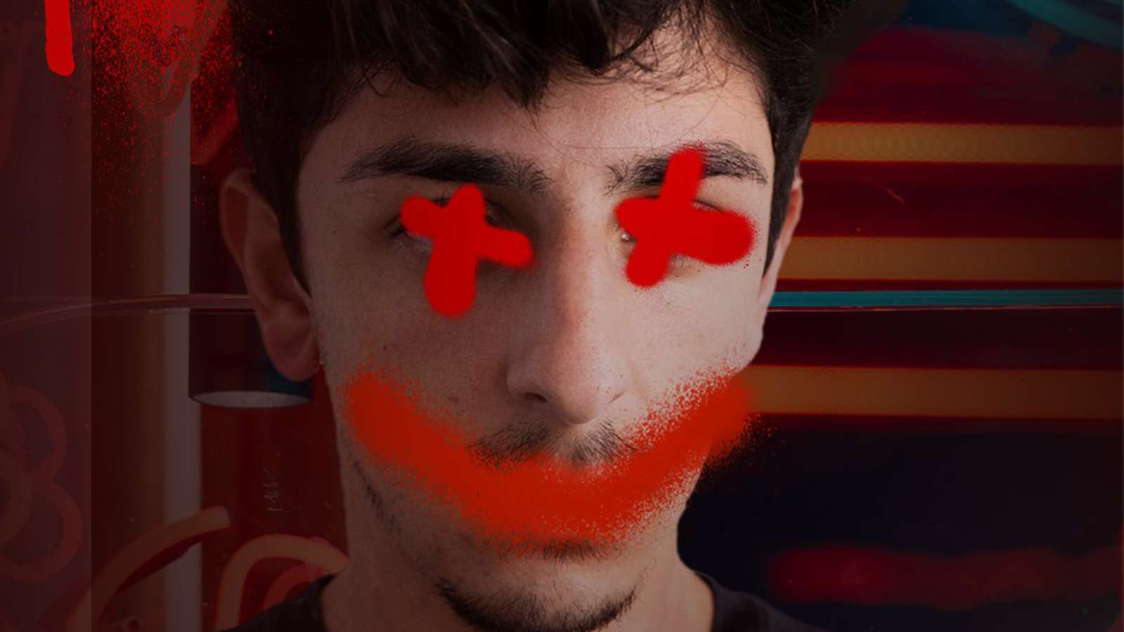 FaZe Rug with his eyes and mouth marked out in red spray paint.