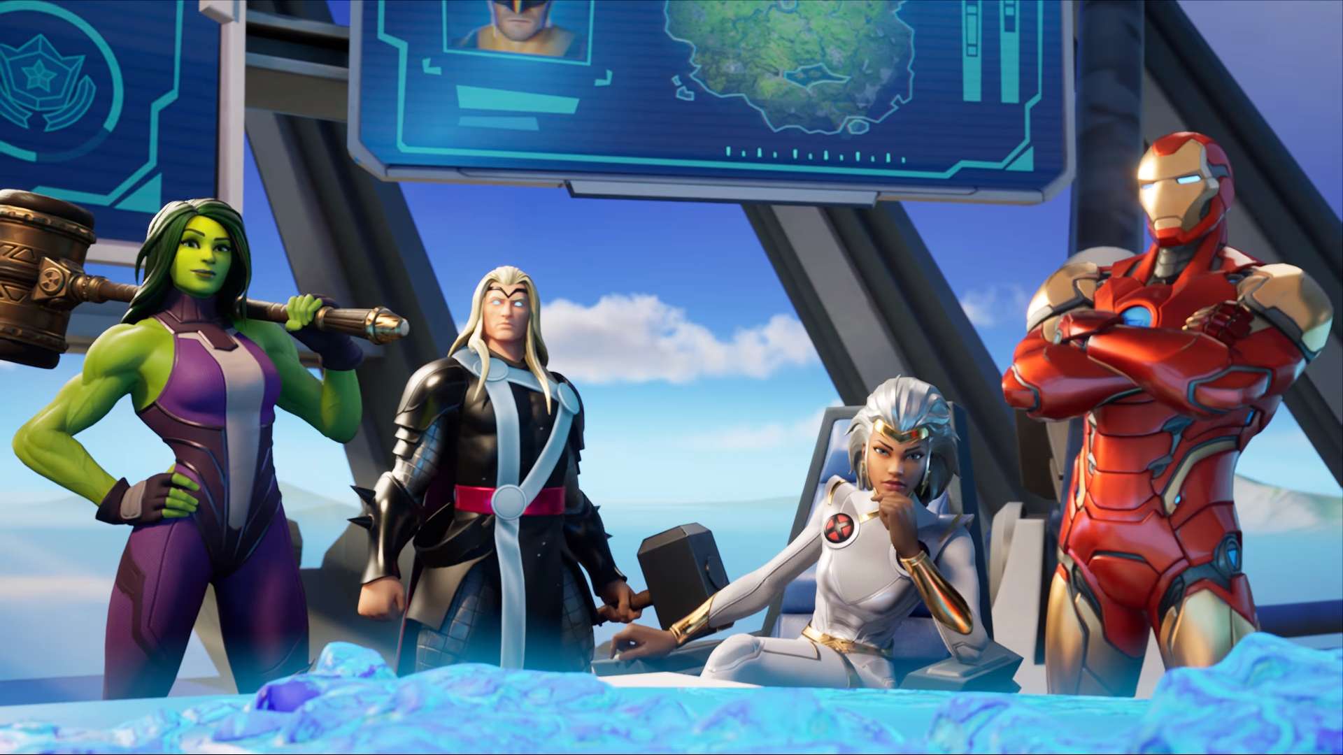 She-Hulk, Thor, Storm, and Iron Man skins in Fortnite
