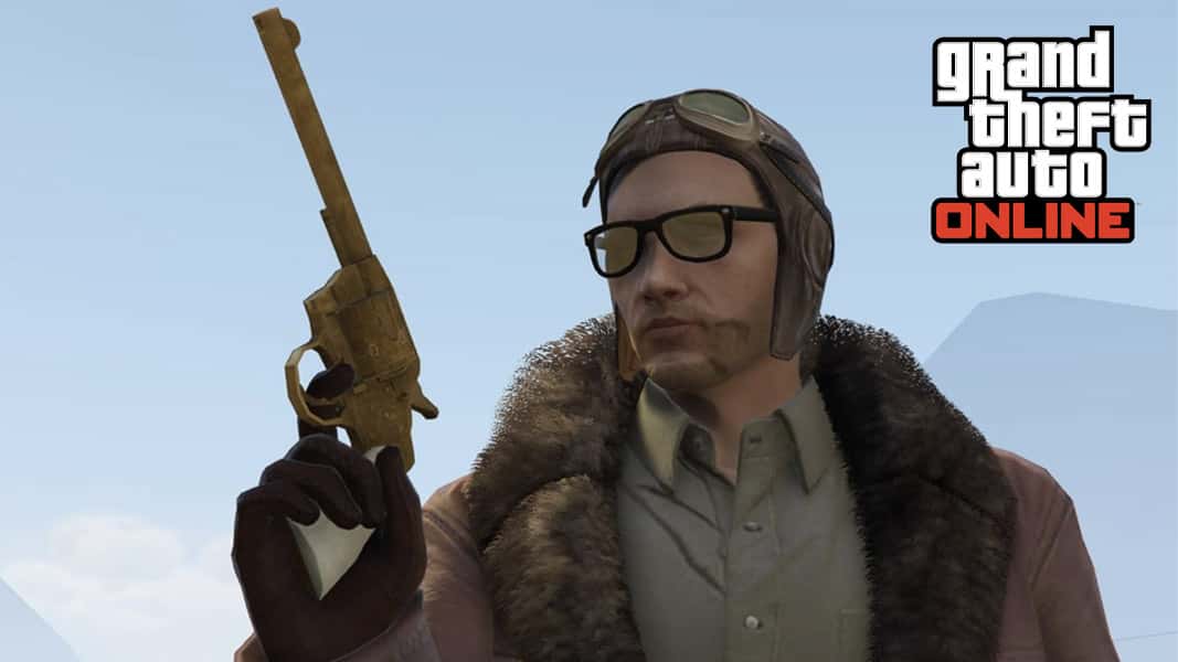 GTA V character holding a classic pistol to the sky