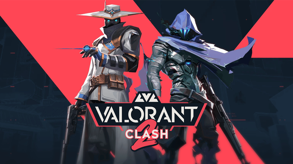 Omen and Cypher from Valorant behind LVL Clash 2 logo