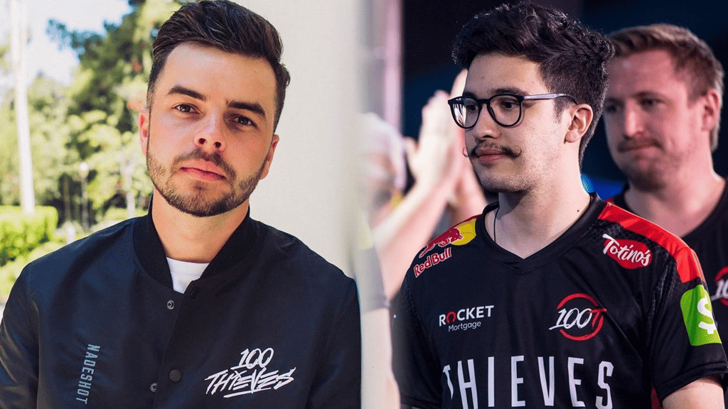 Nadeshot in 100 Thieves jacket side by side with Gratisfaction in 100 thieves jersey