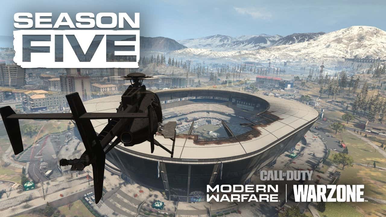 Season 5 of Warzone, a helicopter flying over the open Stadium