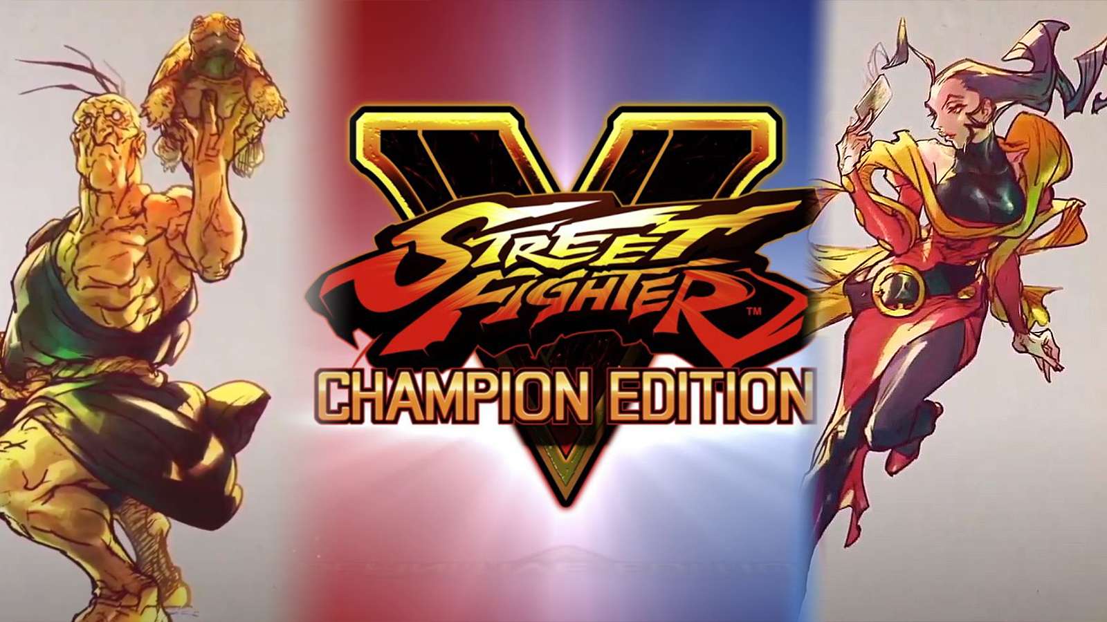 Street Fighter V: Champion Edition logo surrounded by Oro's SFV art and Rose's SFV art.