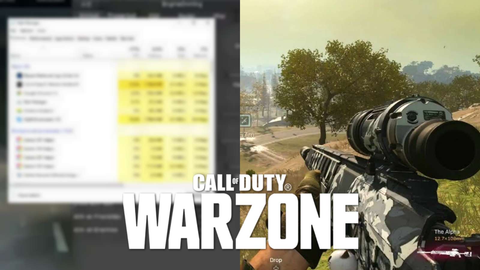 Task manager screen and warzone gameplay with warzone logo