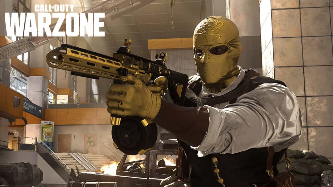 Warzone character with a gold mask and gun