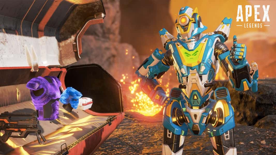 Pathfinder in Apex Legends with an opened loot bin