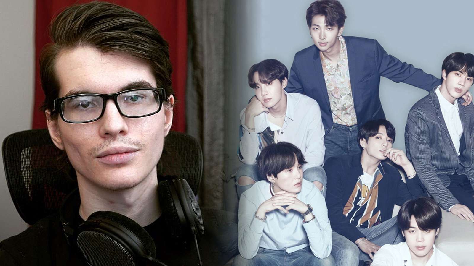 A photo of Froste positioned next to a group photo of the BTS members.
