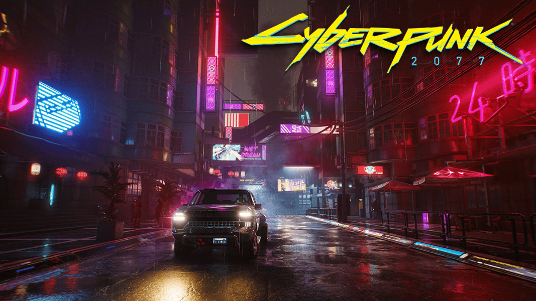 Cyberpunk 2077 street with car driving