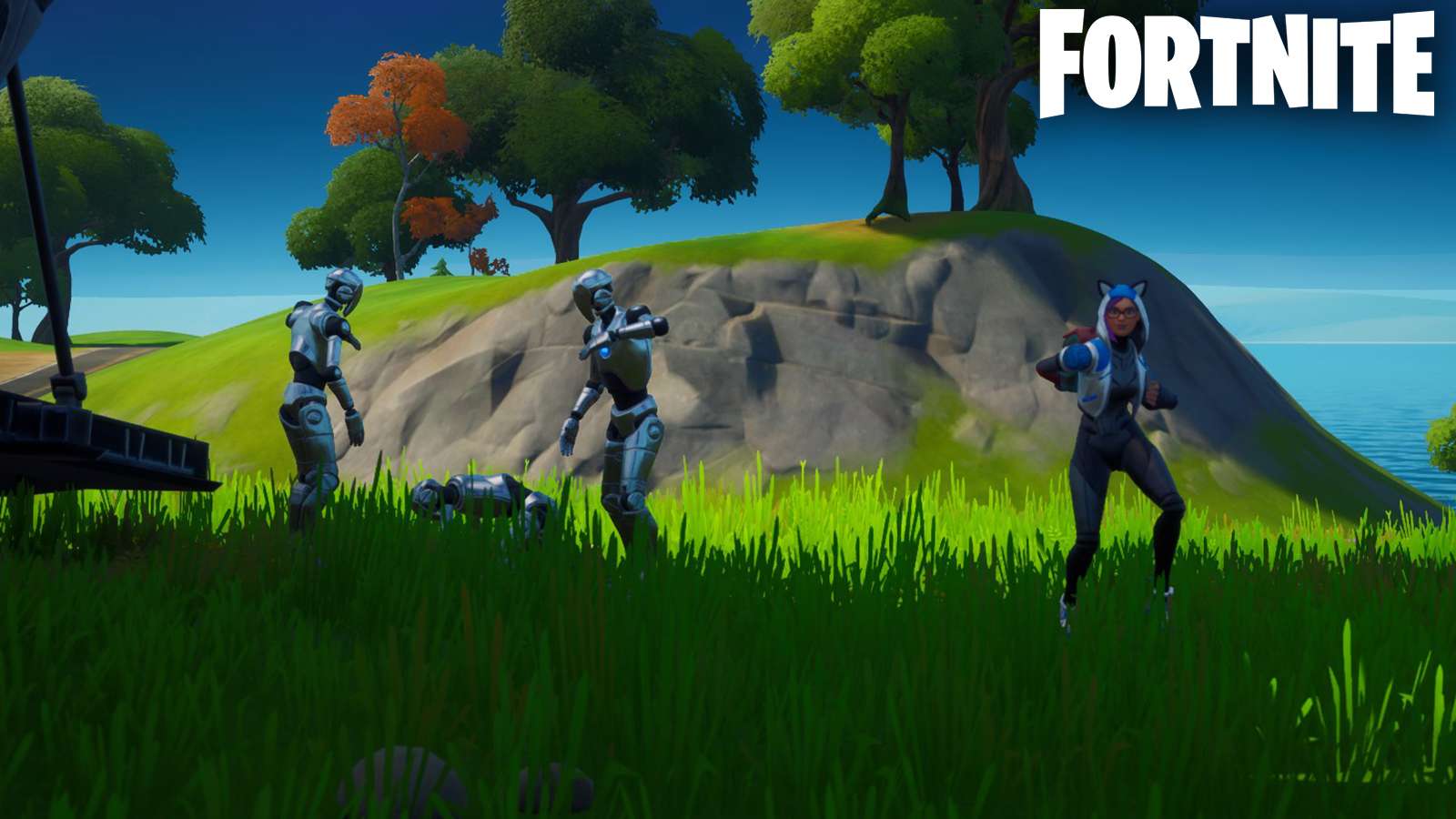 Fortnite character dancing with robots.