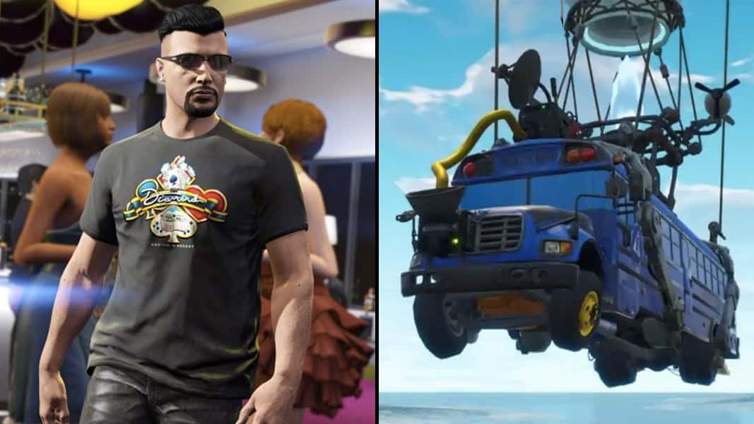 GTA Online character and the Fortnite battle bus
