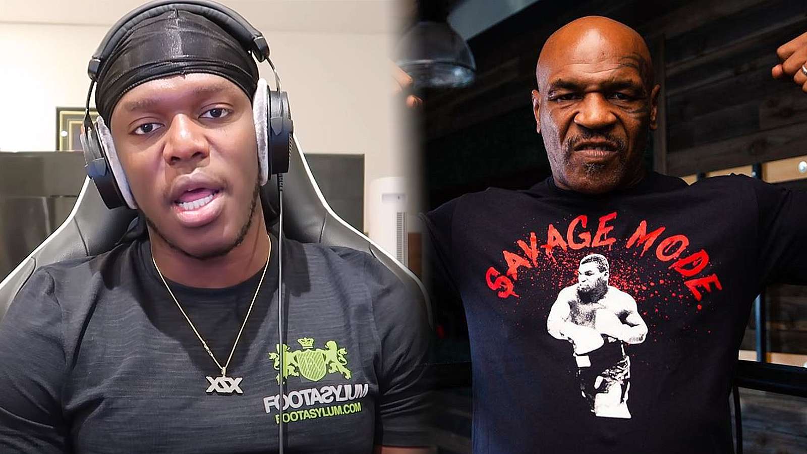 KSI speaks to his audience beside a photo of Mike Tyson flexing his muscles.