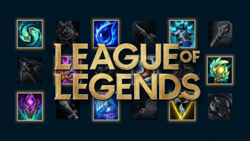 League of legends logo over in-game item icons