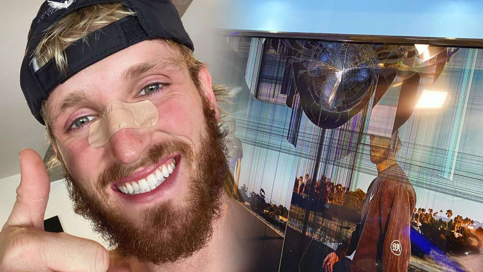 Logan Paul smiles with a bandaid on his nose, side-by-side with a photo of a broken television screen.