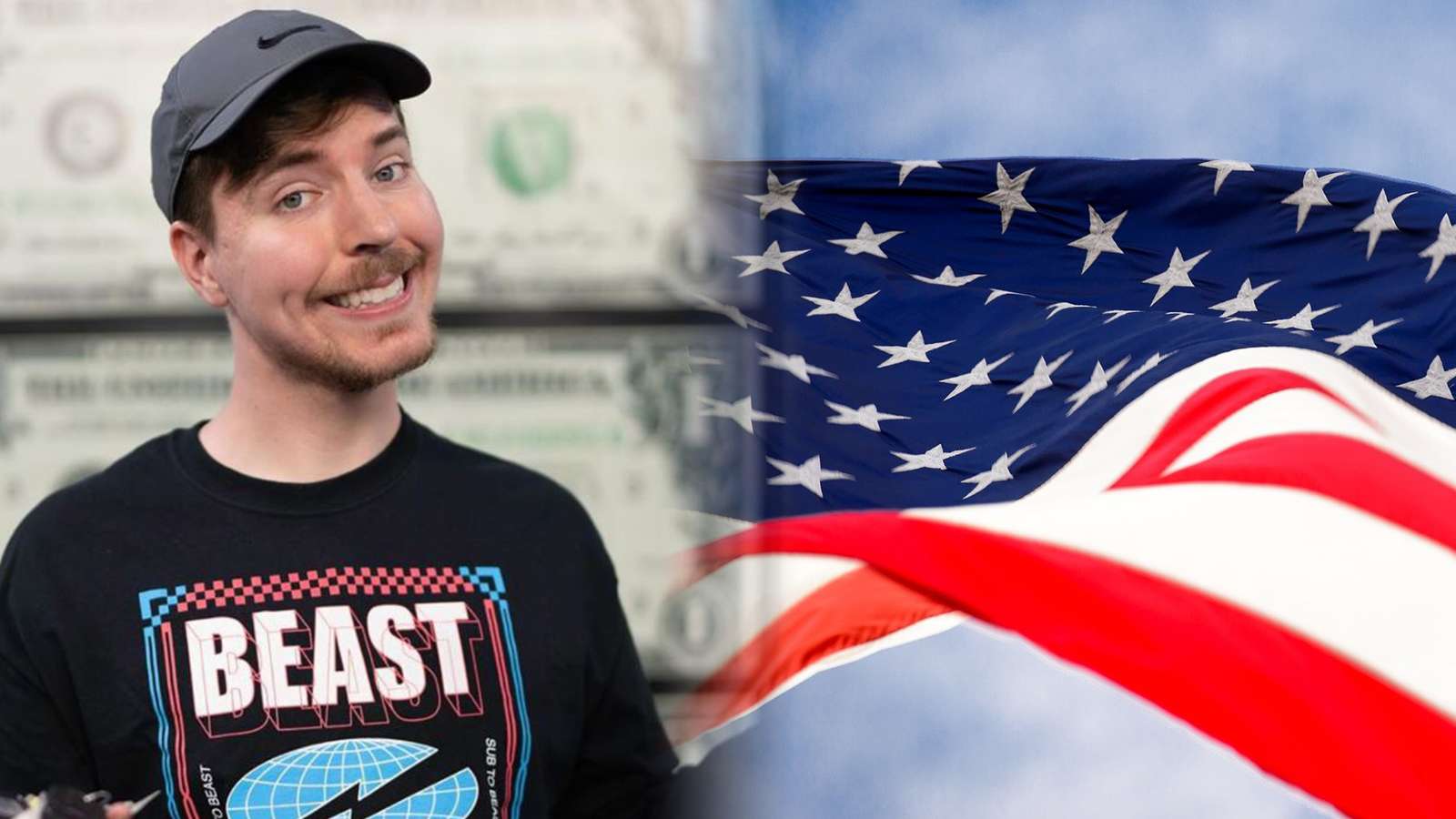 Mr Beast poses next to the American flag.