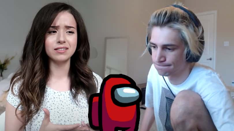Pokimane and xQc pose next to the red Among Us character.