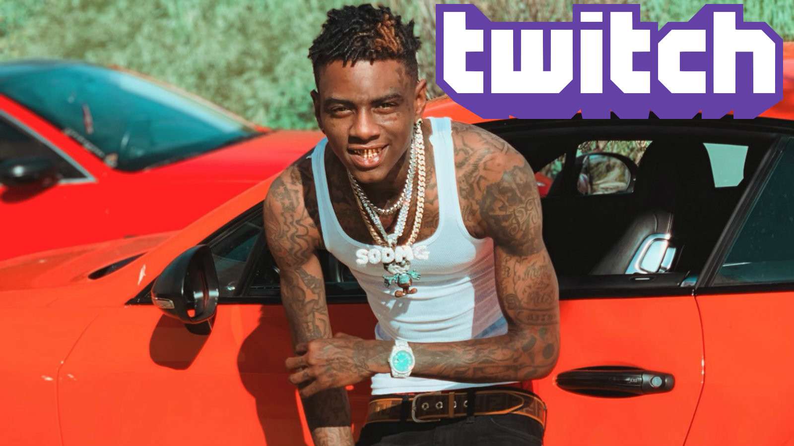 Soulja Boy poses with a car and the Twitch logo