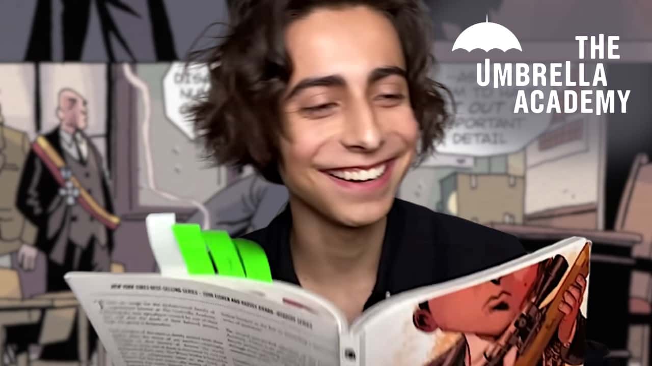Aidan Gallagher reading Umbrella Academy comics
