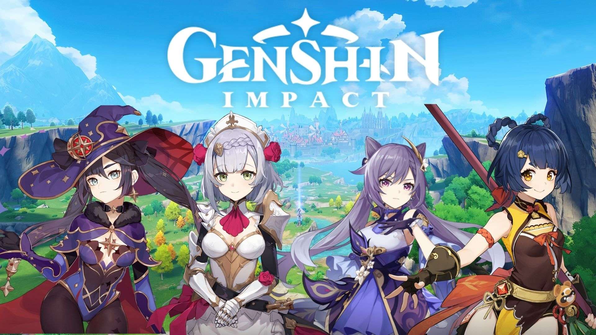 Genshin Impact characters next to the logo