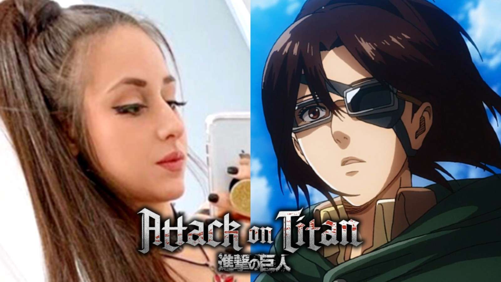 Cosplayer kalikins7 poses nect to Hange from Attack on Titan