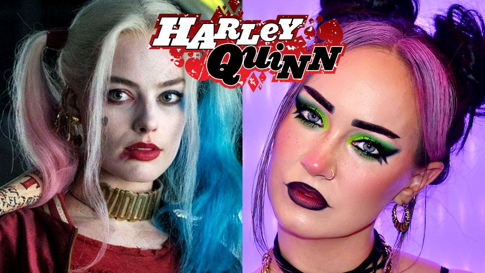 Cosplayer Marina Eloise next to image of Harley Quinn