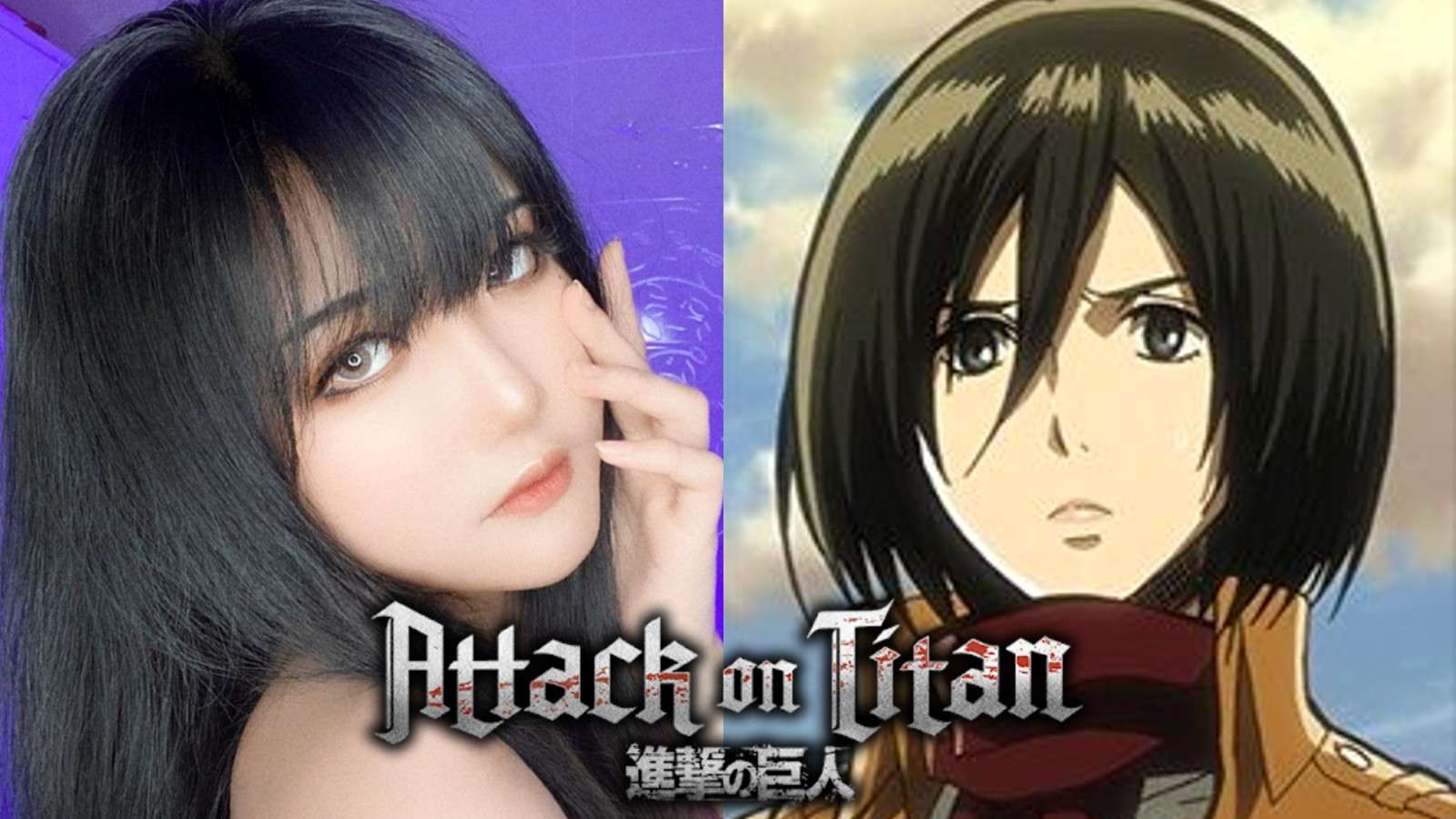 Cosplayer Anongnoon next to Mikasa from Attack On Titan