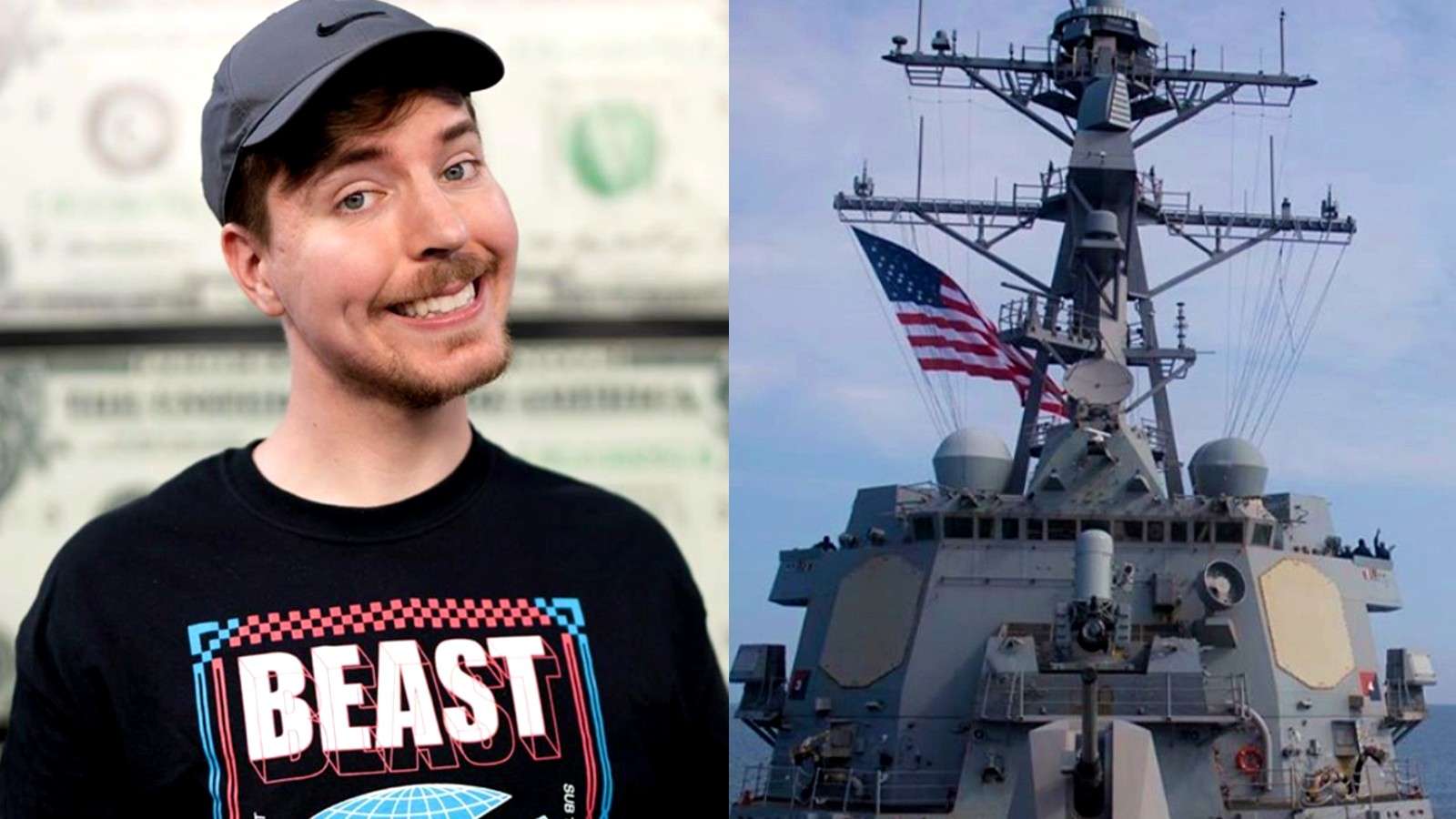 Image of Mr Beast standing next to image of US Navy ship