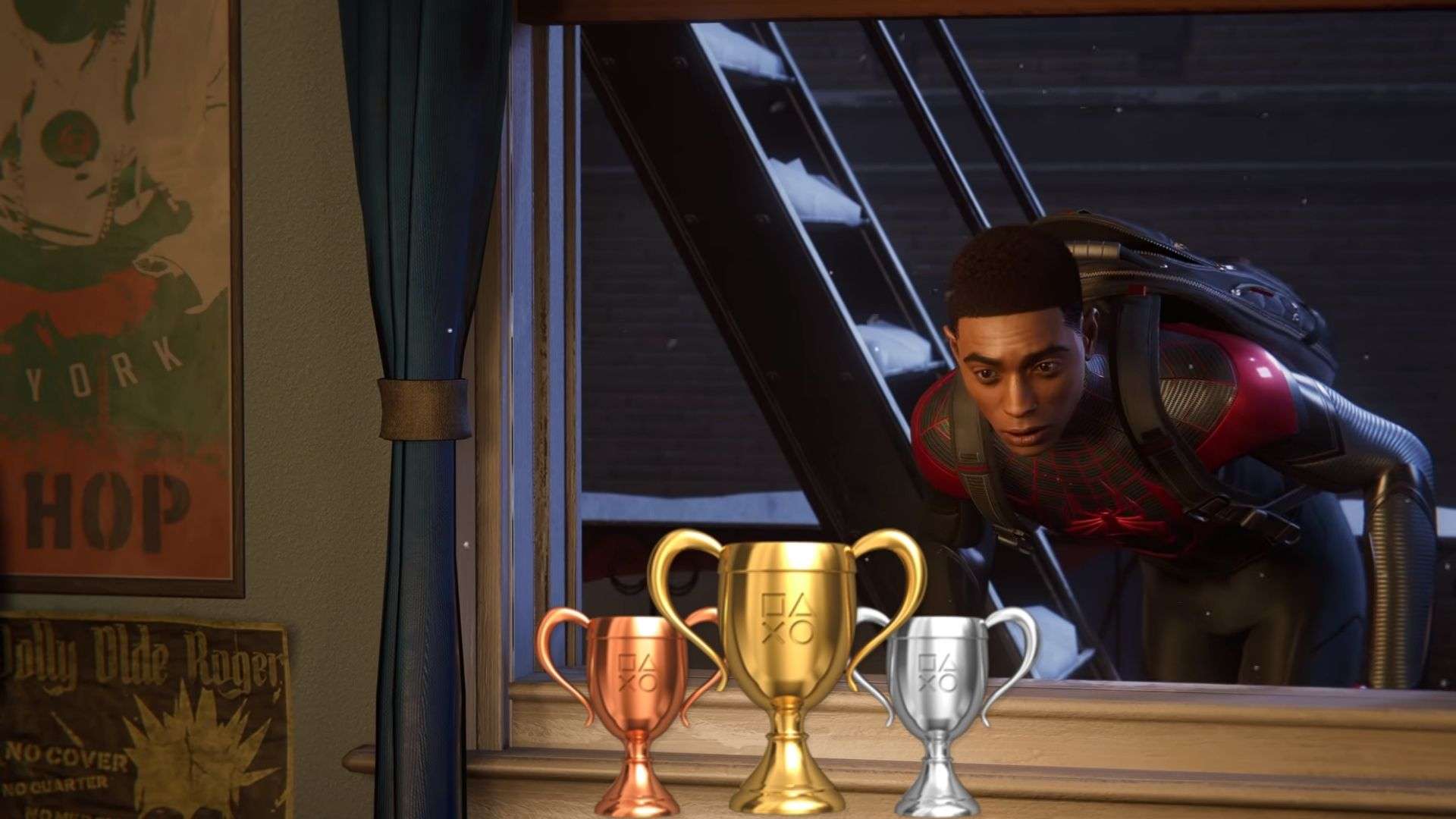 Miles Morales looking at trophies in Spider-Man: Miles Morales