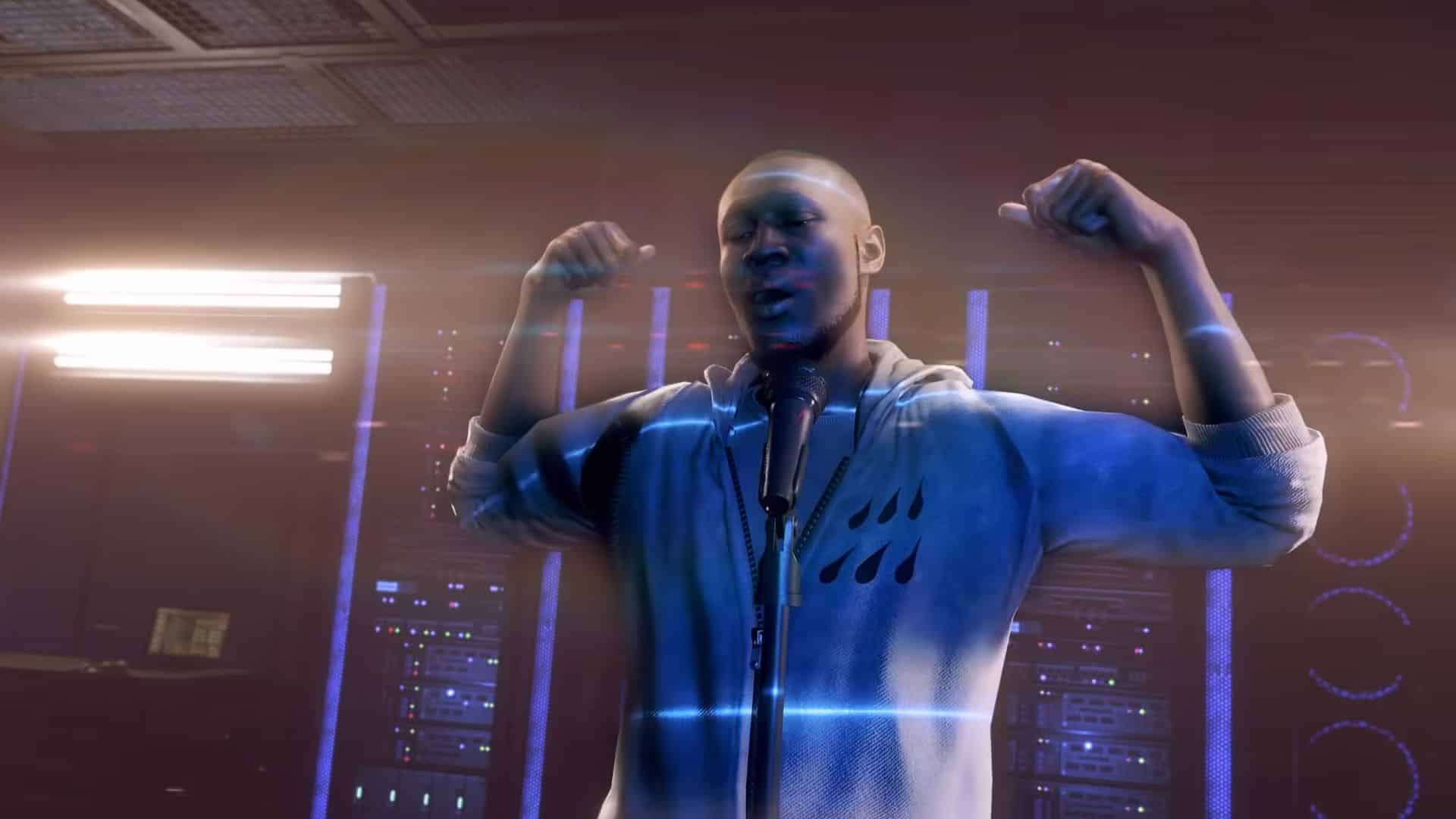 Stormzy performing Rainfall in Watch Dogs Legion