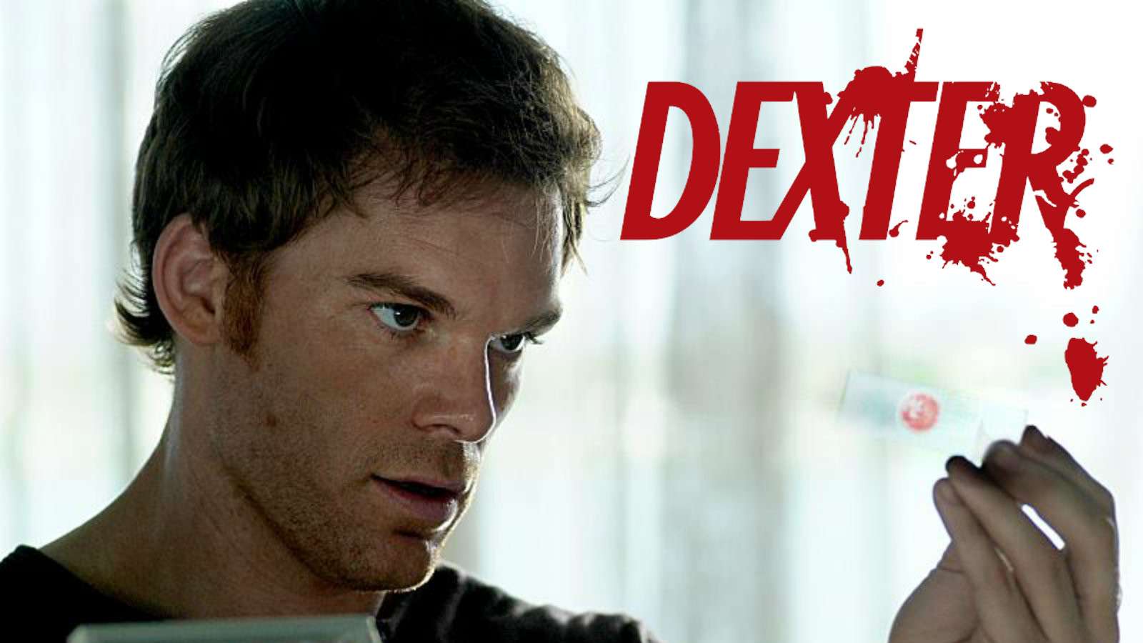 Dexter stares at blood slide trophy
