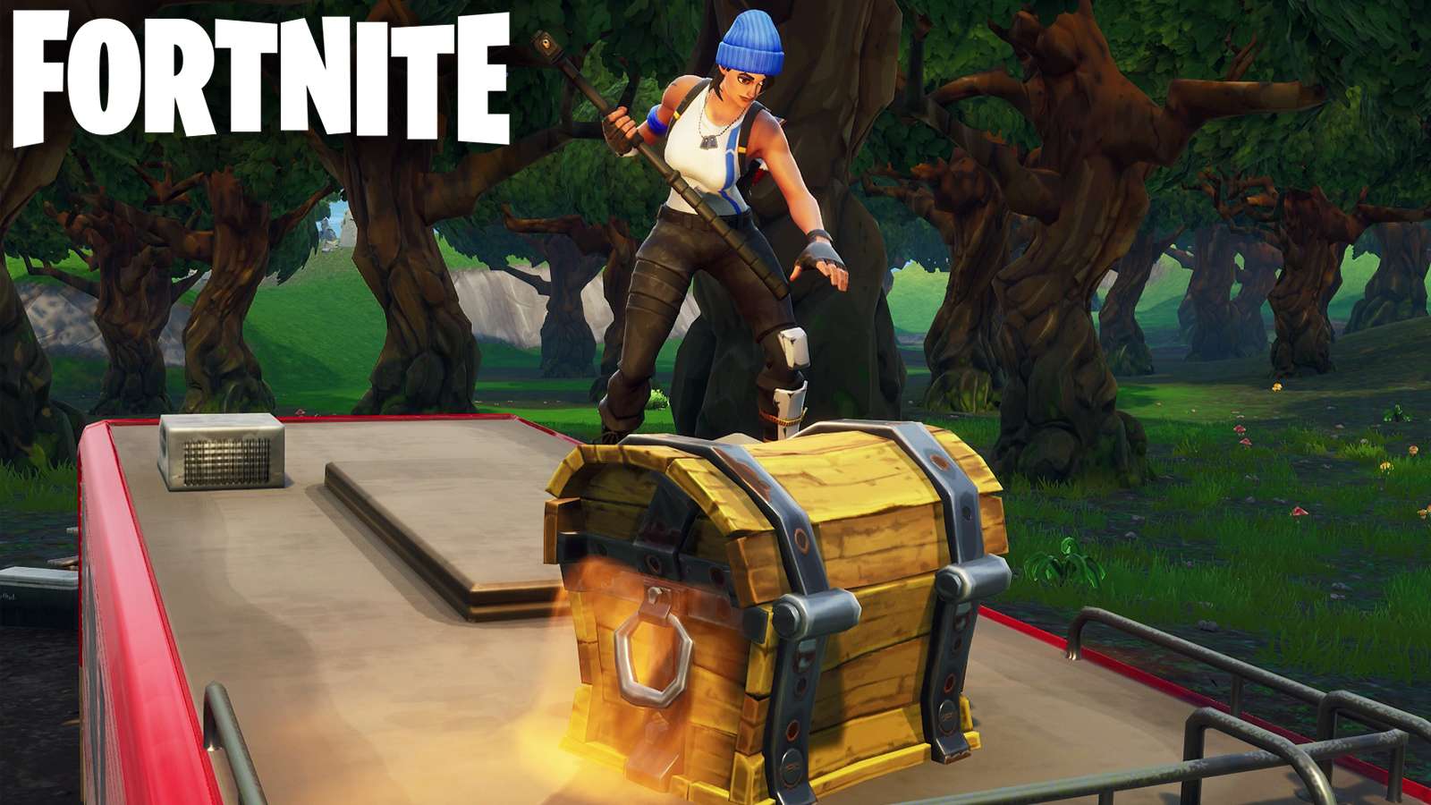 Fortnite character opening a chest.