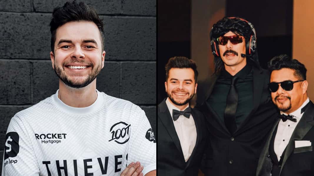 Nadeshot in 100 Thieves 2020 white esports jersey with Hecz and DrDisrespect