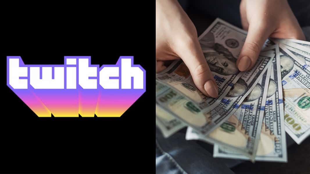 Twitch logo next to a stack of money