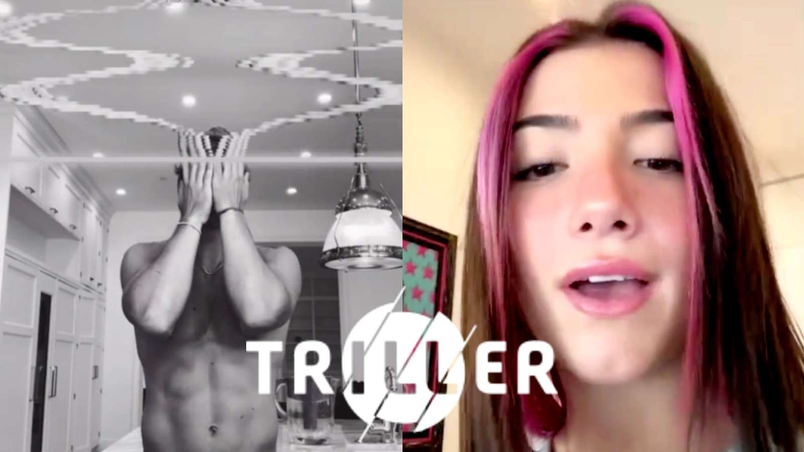 Noah Beck and Charli D'Amelio side by side, with the Triller logo