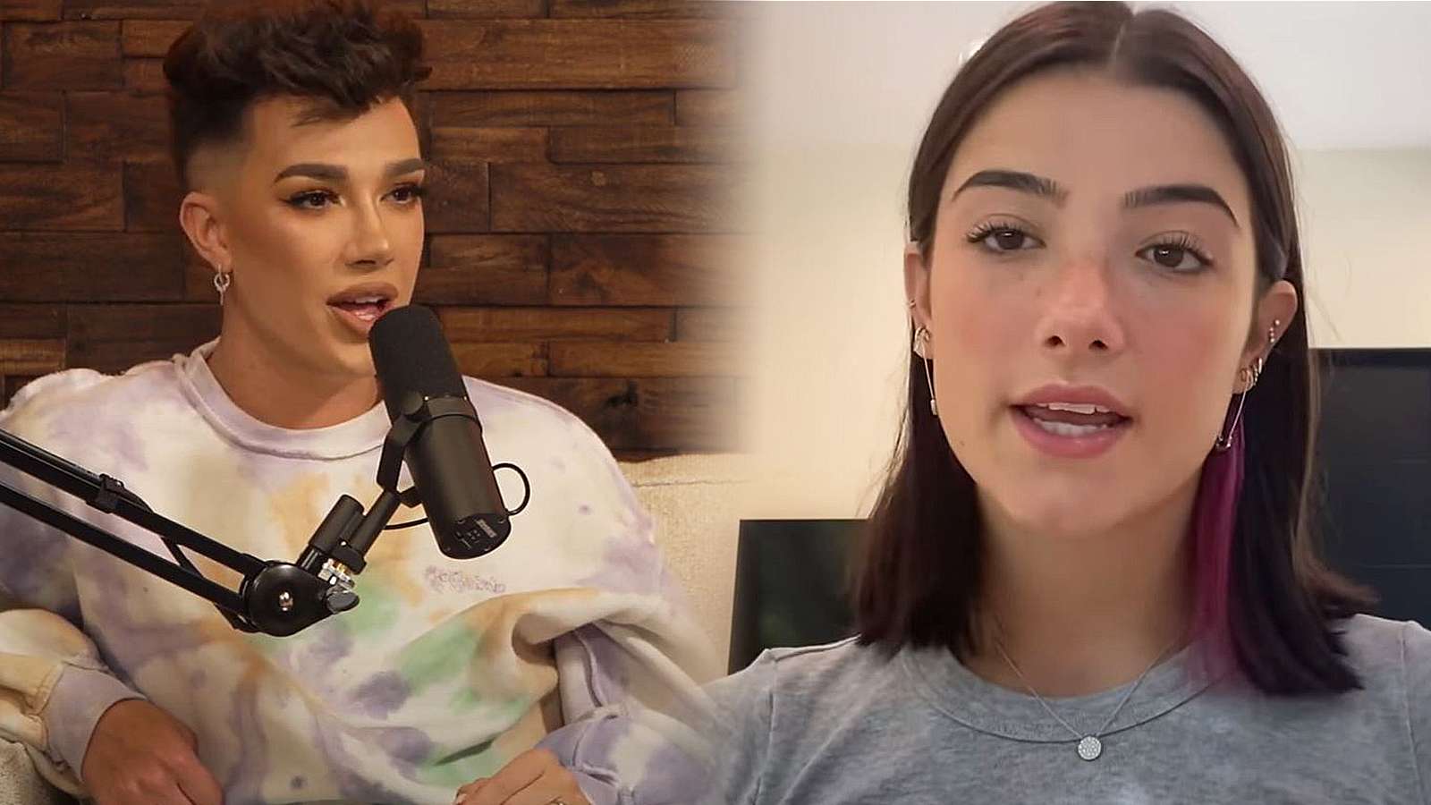 A photo of James Charles is shown next to a screenshot of Charli D'Amelio speaking to her camera during a vlog.