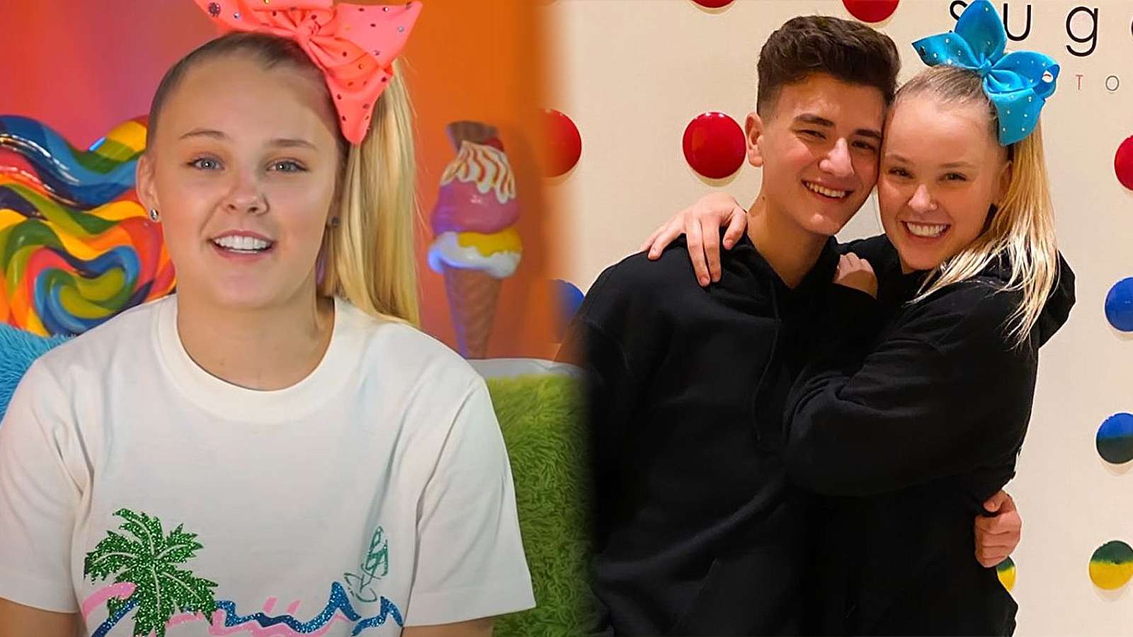 A photo of JoJo Siwa is shown next to another photo of herself and Mark Bontempo having a hug.