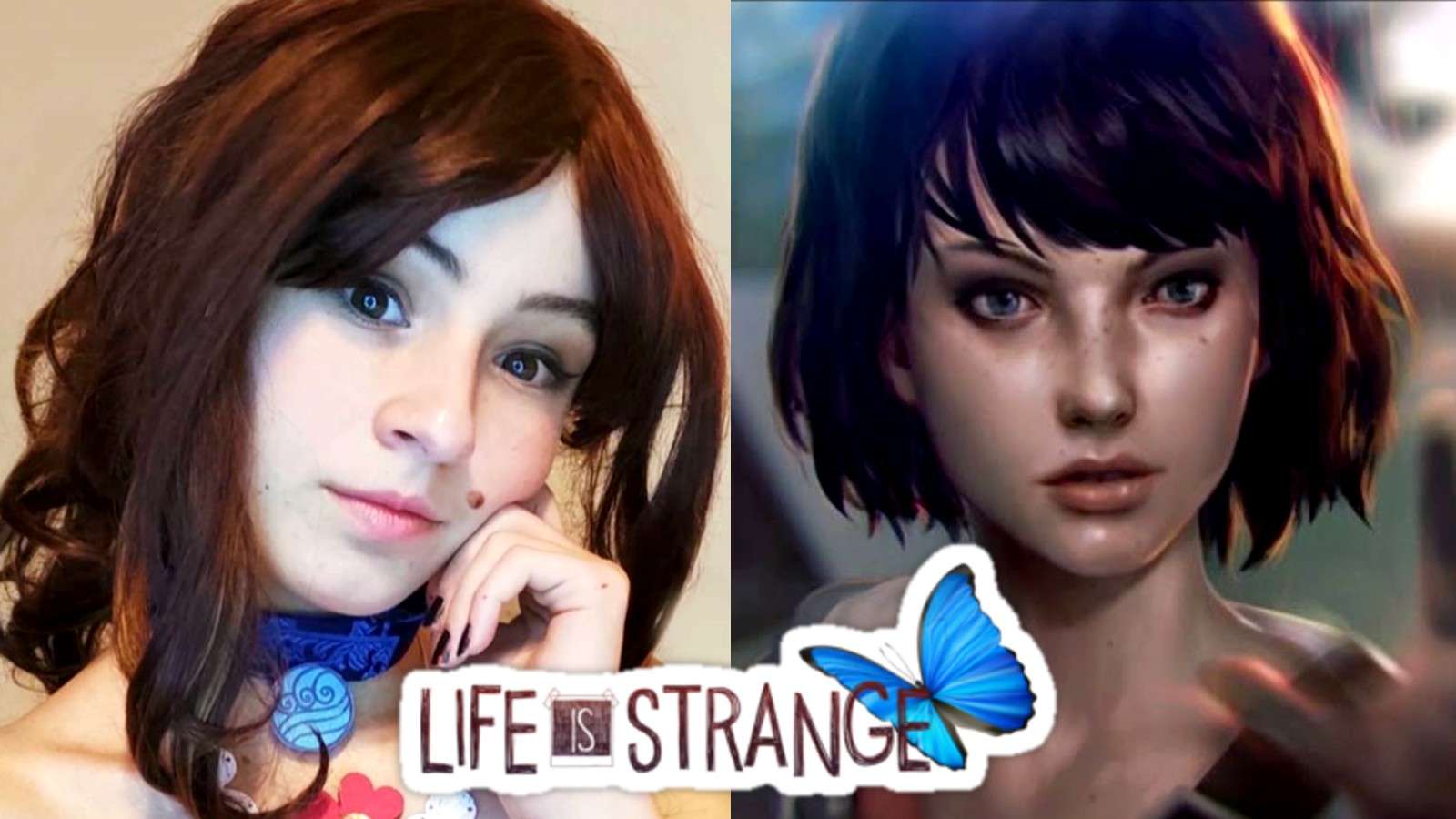 Cosplayer alexya.cos next to Max Caulfield from Life is Strange with the Life is Strange logo