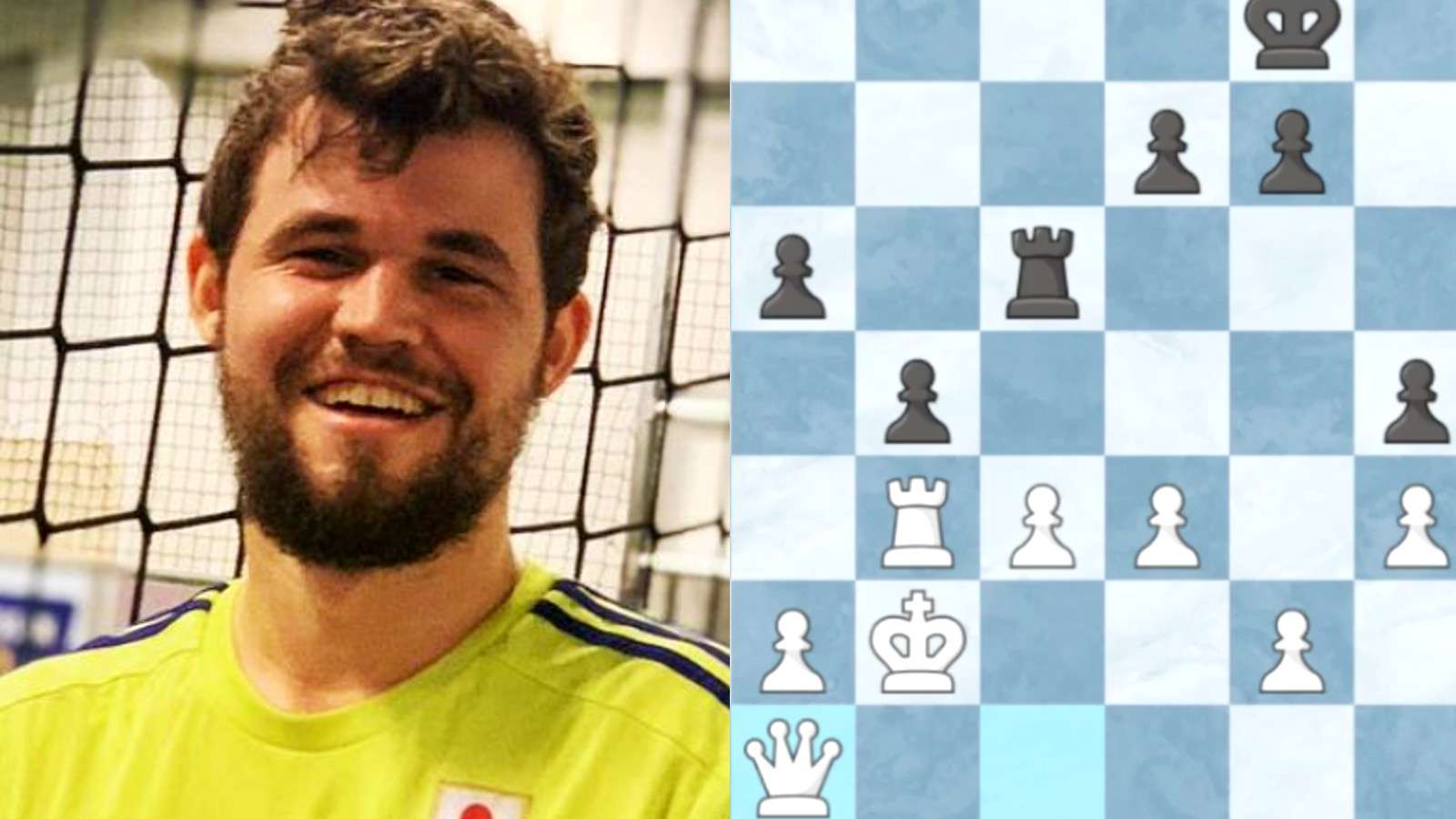 Magnus Carlsen next to an online chess board