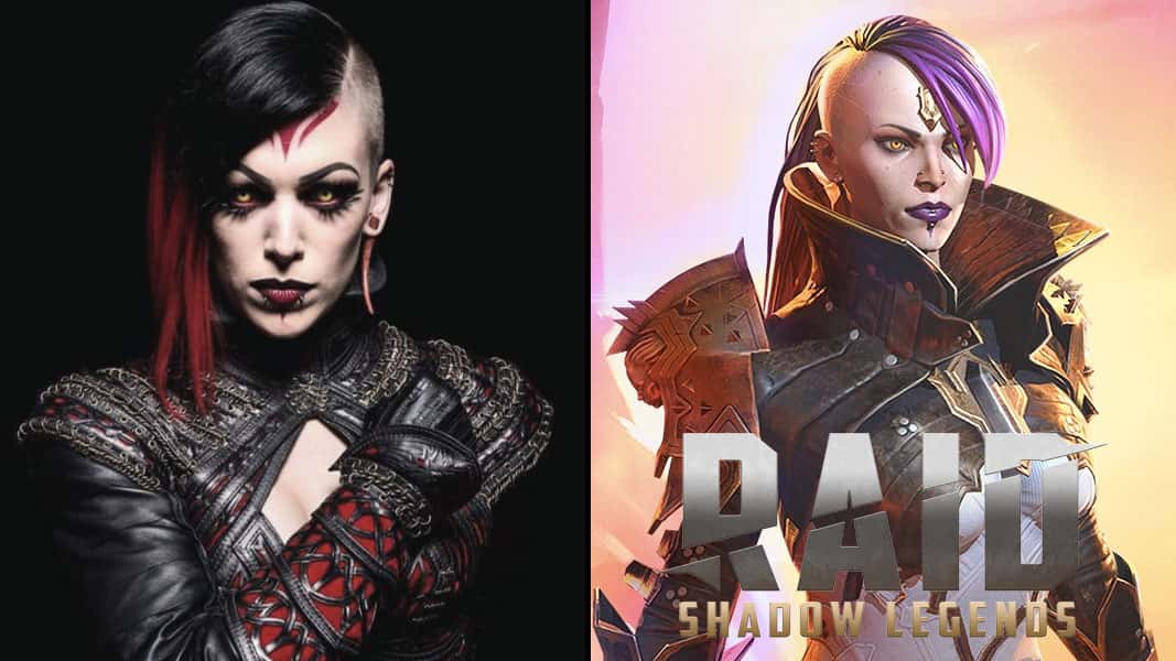 Side by side image of a cosplay and a Raid: Shadow Legends character
