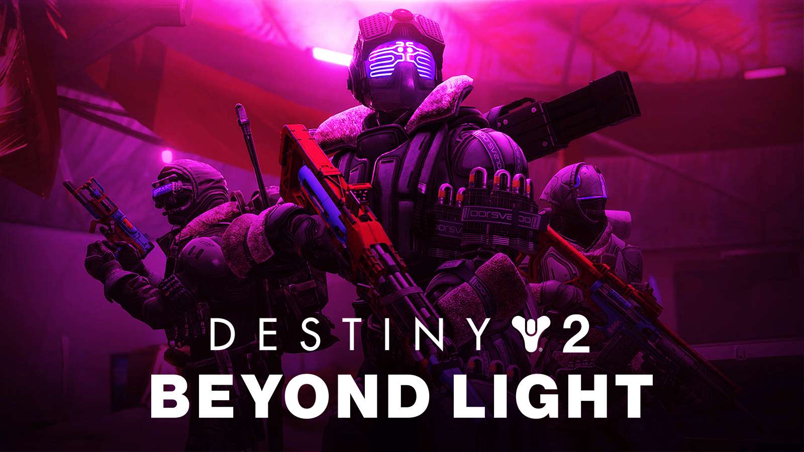 Three Destiny 2 Guardians pose with Splintered Triumph titles in Beyond Light.