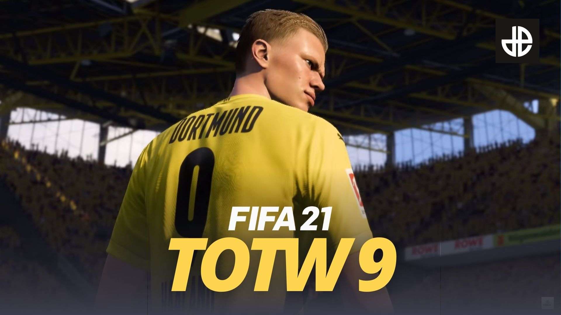 Dortmund striker Erling Haaland stands behind FIFA 21 TOTW 9 logo.
