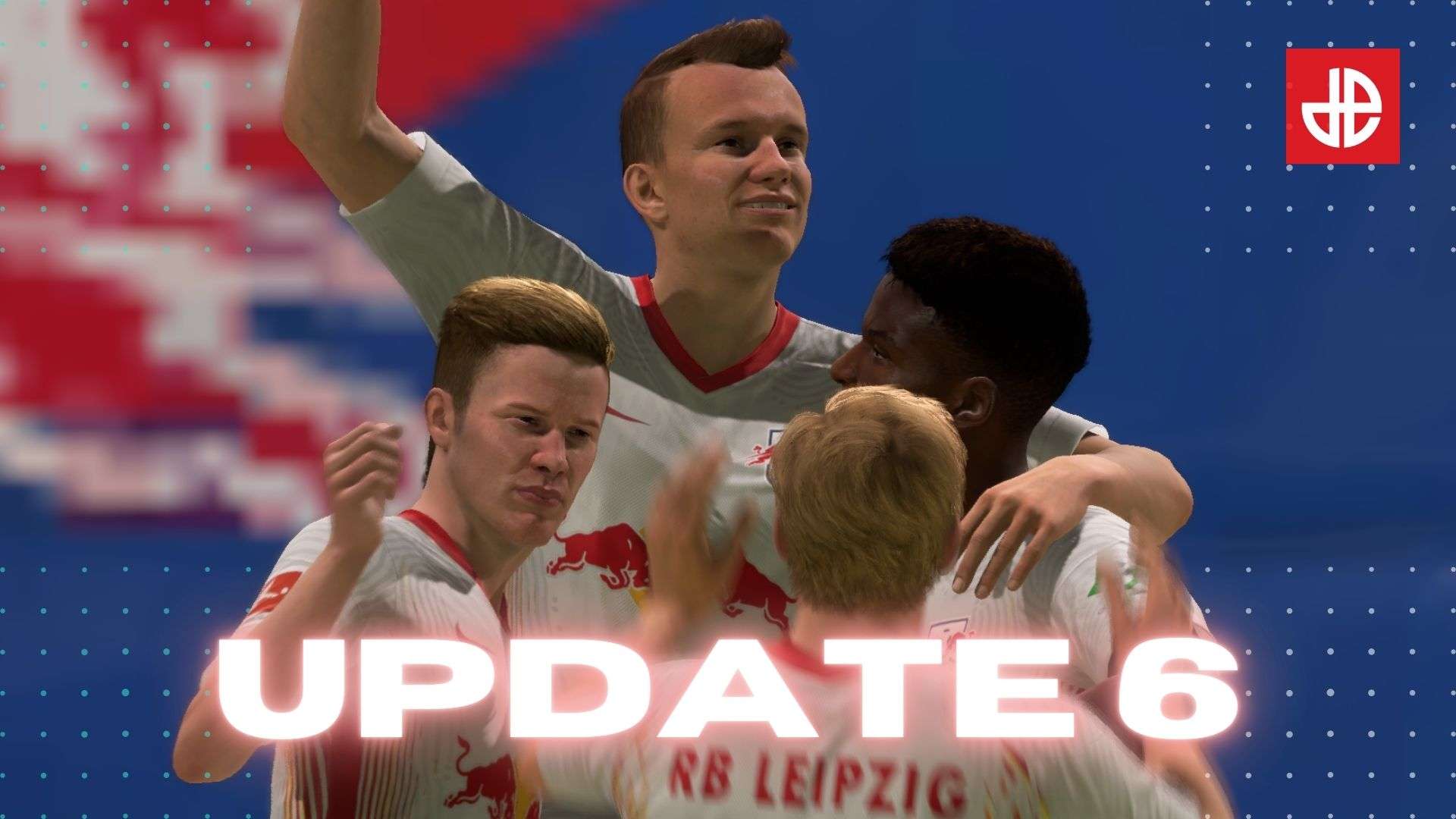 Klostermann celebrates above FIFA 21 Ultimate Team Title Update #6 logo.
