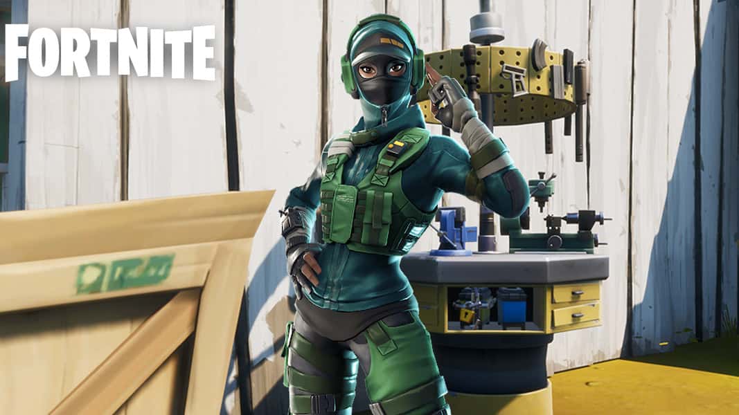 Fortnite character standing near a workbench