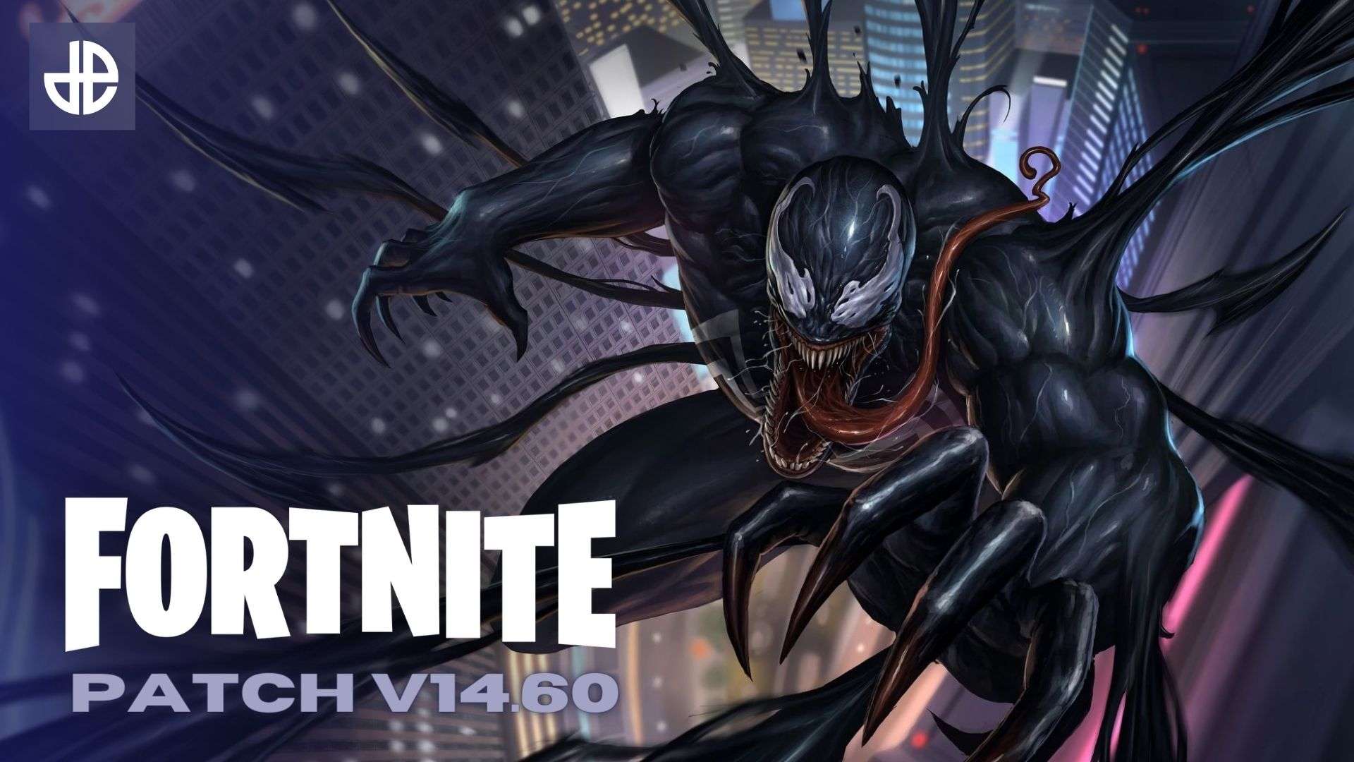 Venom dives towards a Fortnite patch 14.60 logo.