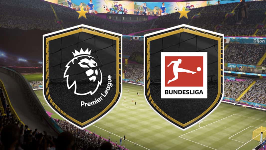 Premier League and Bundesliga logo on FIFA 21 pitch