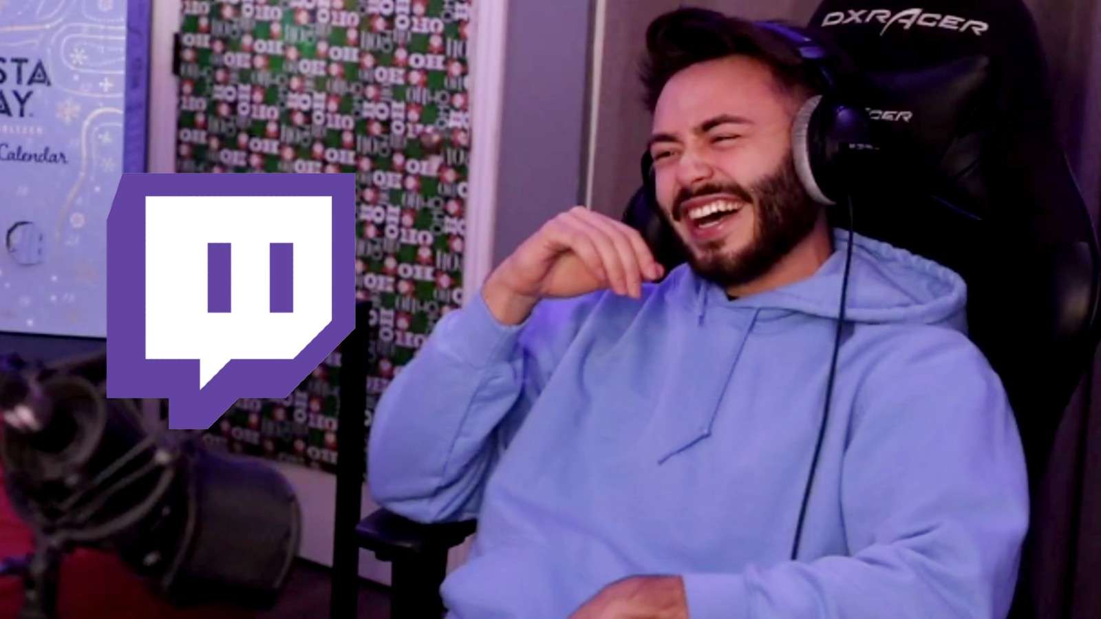Streamer CruzRivas laughs next to the Twitch logo