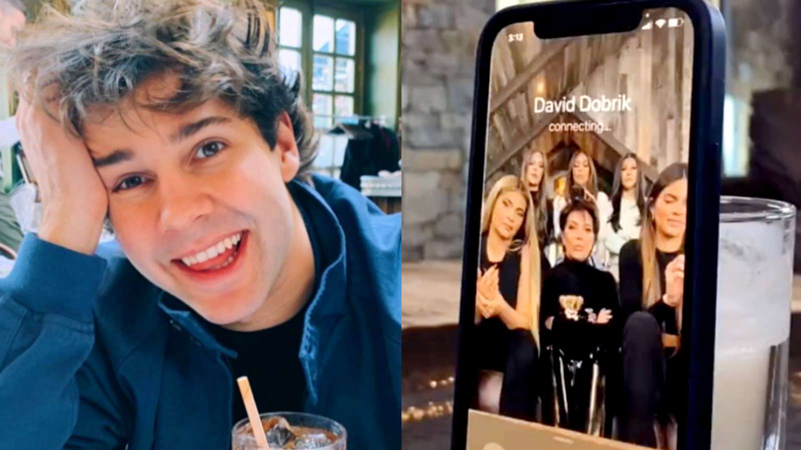 David Dobrik next to an image of the Kardashian family inside a phone