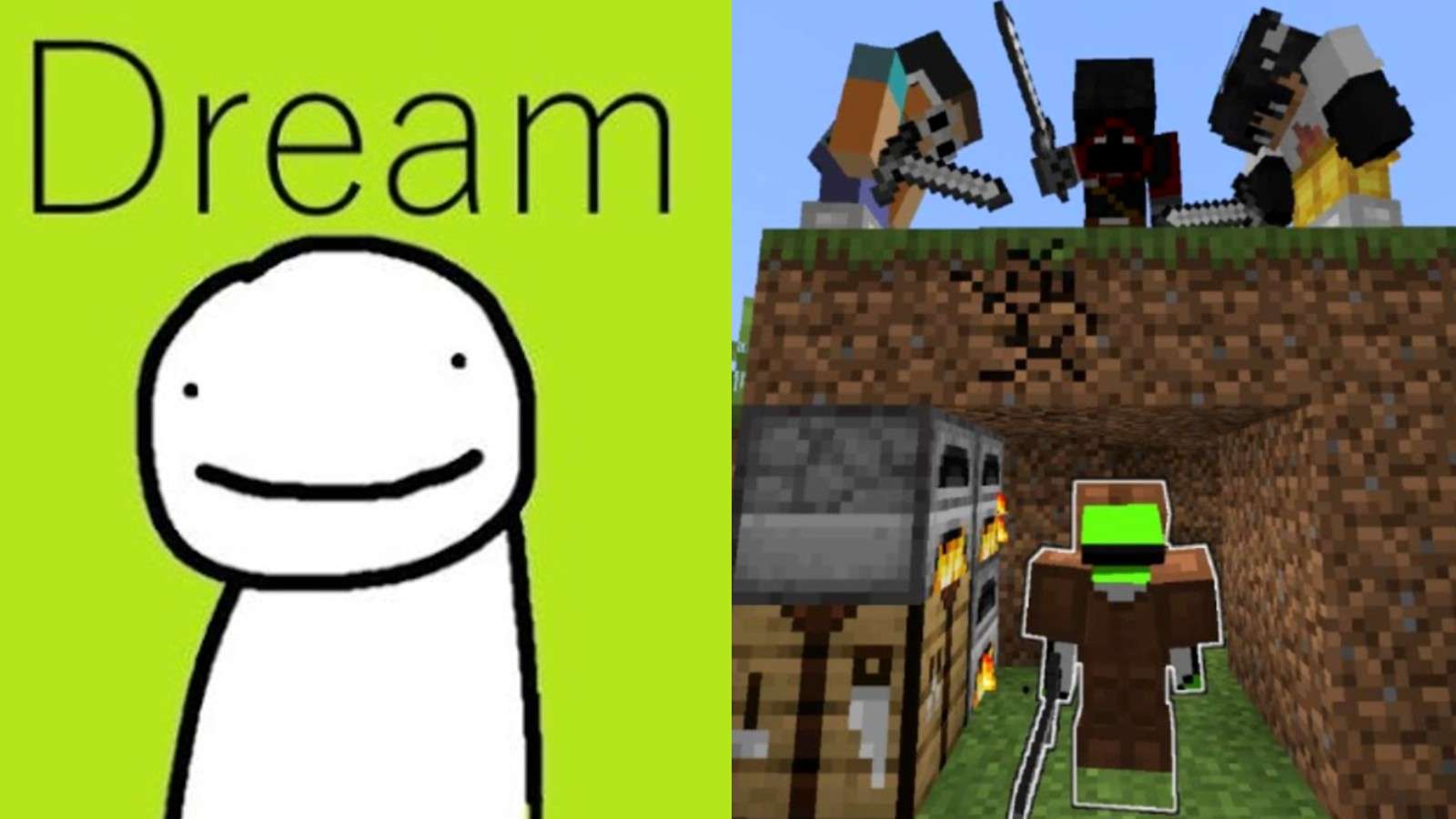 Dream's logo next to four Minecraft characters